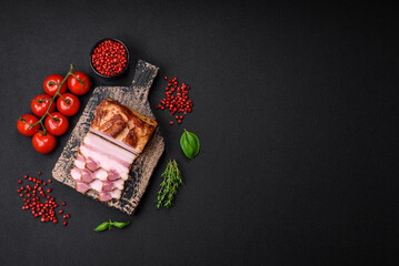 Delicious calorie smoked bacon with salt, spices and herbs