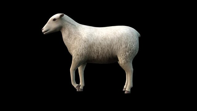 A sheep standing idle looking around on black background, 3D animation, animated animals, seamless loop animation