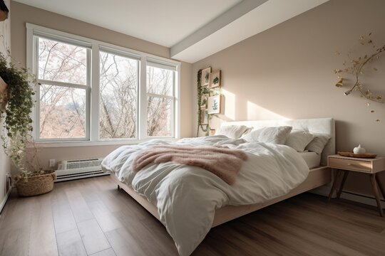 Modern and simple bed-room interior, suitable for catalog cover photos in magazines or advertisements. Generative AI
