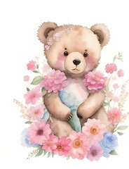 watercolor teddy bear with flowers, generated ai
