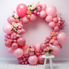 Wreath of pink flowers and balloons. Generative ai