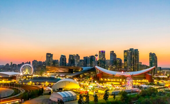 Calgary, Alberta, Canada. July 10, 2023 Downtown Calgary with a sunset during summer.