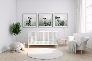 Modern and simple baby room interior, suitable for catalog cover photos in magazines or advertisements. Generative AI