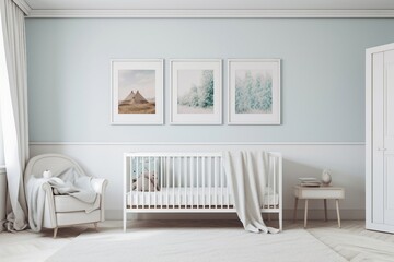 Modern and simple baby room interior, suitable for catalog cover photos in magazines or advertisements. Generative AI