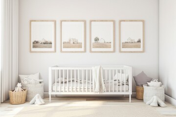 Modern and simple baby room interior, suitable for catalog cover photos in magazines or advertisements. Generative AI