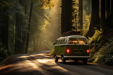 Camper Van In The Forest Mountain Road, Generative AI