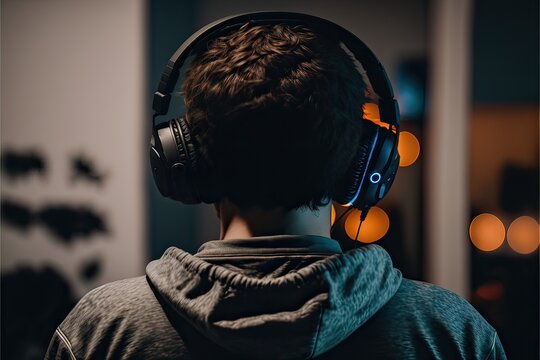 A streamer playing online video games wearing a gaming headset in a tournament.