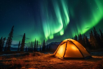 Glowing Camping Tent Under A Beautiful Aurora, Generative AI