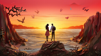 Paper Quilling Couple in the Sunset