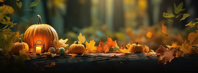pumpkins with autumn leaves background