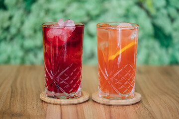 Cold drink from lemons and mint leaves. Homemade lemonade on the restaurant table. Concept of healthy drinks