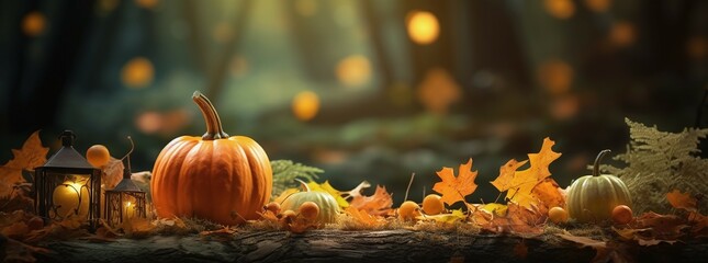 Naklejka na ściany i meble pumpkins with autumn leaves background