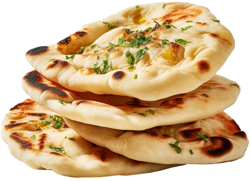 Indian naan bread with garlic and butter, Pita bread on a white background.