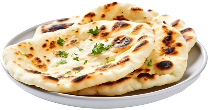 Indian naan bread with garlic and butter, Pita bread on a white background. Generative AI