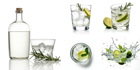  Set of gin with bottle, glass side view and top view, splashes and drops isolated - obrazy, fototapety, plakaty