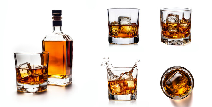 Set of whiskey with bottle, glass side view and top view, splashes and drops  isolated