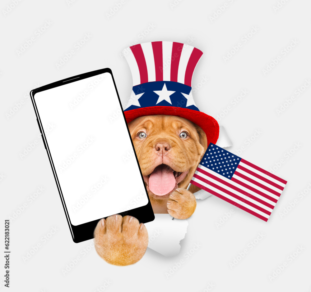 Poster happy mastiff puppy wearing like uncle sam looking through a hole in paper and showing big smartphon