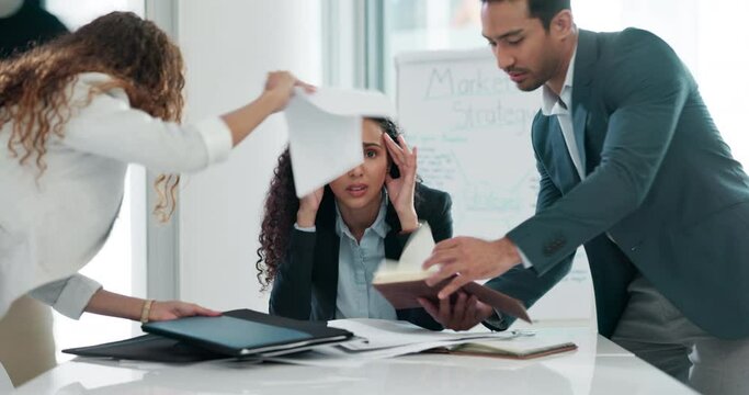 Business woman, overwhelmed and stress for busy staff, documents or laptop at modern office in chaos. African corporate leader, ceo or manager for stress, burnout or fatigue by computer with headache