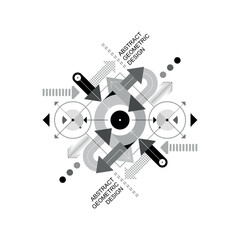 Abstract design of geometric shapes, rounds and many arrows pointing in different directions. Greyscale vector image isolated on a white background.