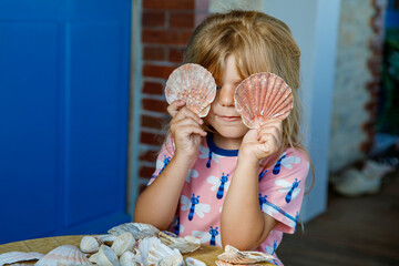 Little preschool girl with variation of different shells and clams at home. Happy child with collected shell from Normandy, France. Children, education, vacation concept.