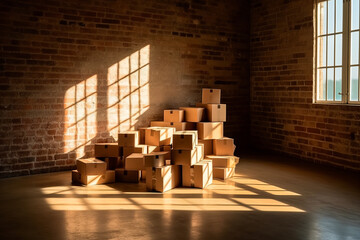 Soothing morning light illuminating a stack of moving boxes in an empty space, casting dramatic shadows and evoking a serene atmosphere. Generative AI