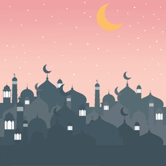 Masjid Silhouette Sunset Islamic city scape with starry pink sky