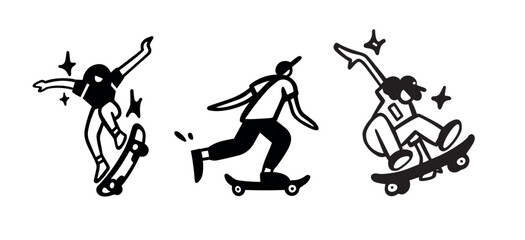 Set of contour silhouettes of skateboarders jumping tricks or ollie pushing with foot. Street culture, vector black and white style.