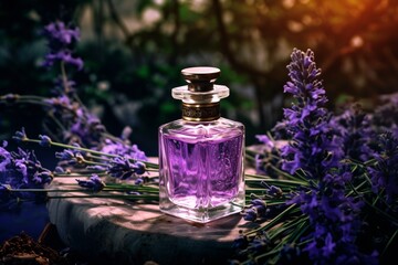 miniature glass vial containing clear lavender oil, next to a sprig of purple lavender flowers