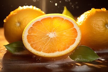 fresh citrus fruits just cut open, their juice glistening under warm light