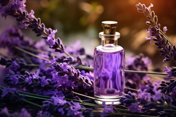 Obraz na płótnie Canvas miniature glass vial containing clear lavender oil, next to a sprig of purple lavender flowers