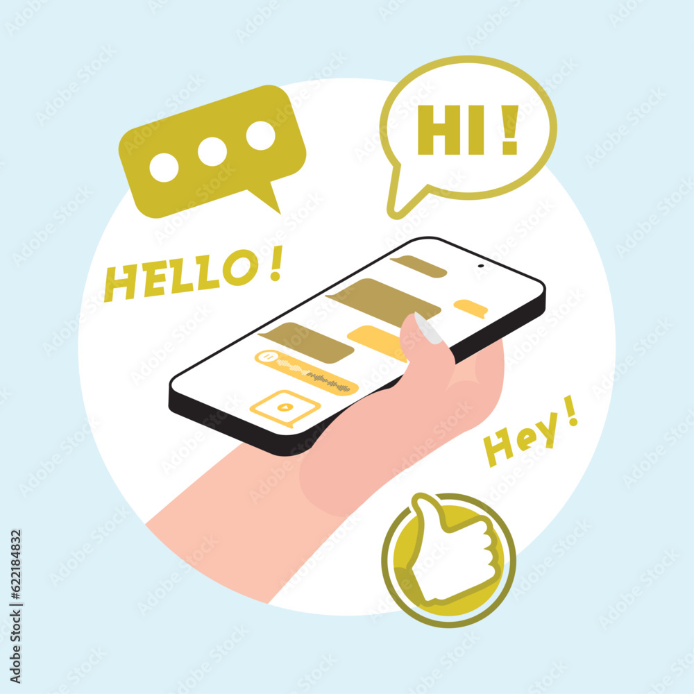 Poster human holding a mobile smartphone and engaging in conversations with friends while sending messages,
