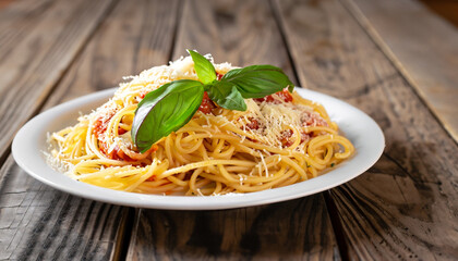 Heaped plate of delicious Italian spaghetti pasta with fresh basil leaves and grated parmesan cheese viewed low angle from the side on a rustic wood table