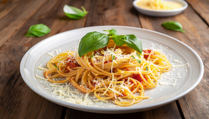 Heaped plate of delicious Italian spaghetti pasta with fresh basil leaves and grated parmesan...