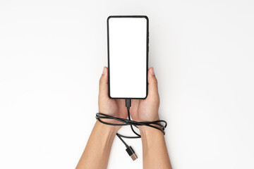 Phone security system with mobile phone in hand and charger cable on white background mockup.