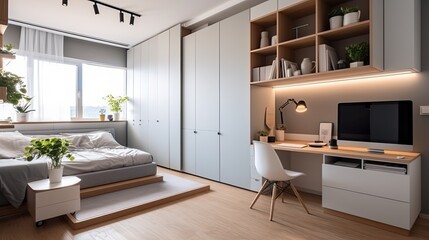 Compact and functional studio apartment with multifunctional furniture and smart storage solutions, generative ai