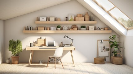 Fototapeta premium Minimalist art studio with ample natural light, a spacious work desk, and storage for supplies, generative ai