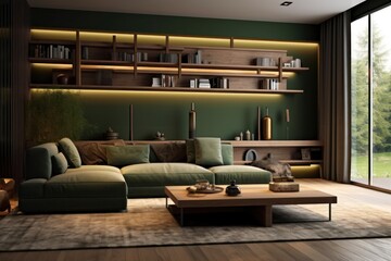 Luxury Living Room with Sophisticated Interior design. Details of sofa, textured walls and high end details