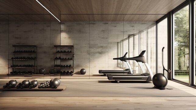 Minimalist home gym with exercise equipment, mirrored walls, and a motivational quote wall decal, generative ai