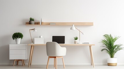 Minimalist home office with a clean white desk, ergonomic chair, and natural lighting, generative ai