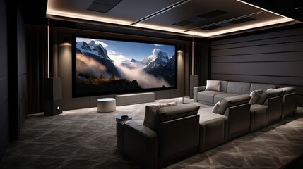 Minimalist home theater with comfortable seating, a large screen, and surround sound system, generative ai