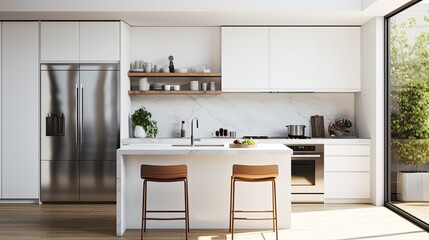 Minimalist kitchen with white cabinets, marble countertops, and stainless steel appliances, generative ai