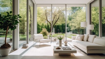 Fototapeta na wymiar Minimalist living room with sleek white furniture and a large window overlooking a garden, generative ai