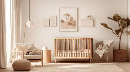Minimalist nursery with a neutral color scheme, wooden crib, and soft lighting, generative ai