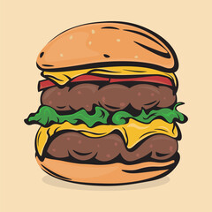 image of cartoon double hamburger with cheese. fresh tomatoes and salad leaves