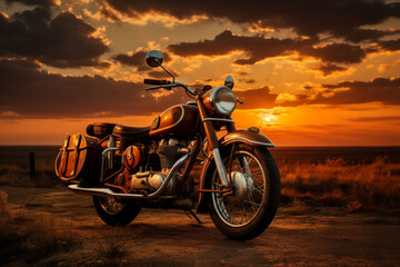 Fototapeta na wymiar Retro Motorcycle And Beautiful Sunset, Generative AI
