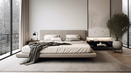Minimalistic bedroom with a platform bed, monochromatic color scheme, and a floor-to-ceiling window, generative ai