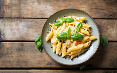 Delicious creamy Italian penne pasta starter with pepper seasoning and fresh basil viewed from...
