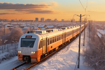 Obraz premium Train Ride At High Speed In Winter, Generative AI