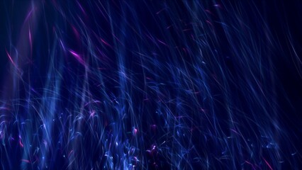 Blue purple swarm of rising glowing particle light streaks. Surreal cyberspace and energy concept of artificial intelligence and dynamic plasma science texture. 3D illustration wallpaper background.