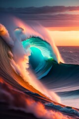 Colorful Ocean Wave. Sea water in crest shape. Sunset light and beautiful clouds on background